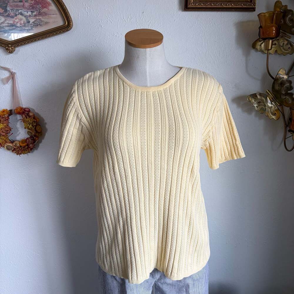 Vintage 100% Cotton Ribbed Short-Sleeve Knit Sweater Top S - Picture 2 of 5